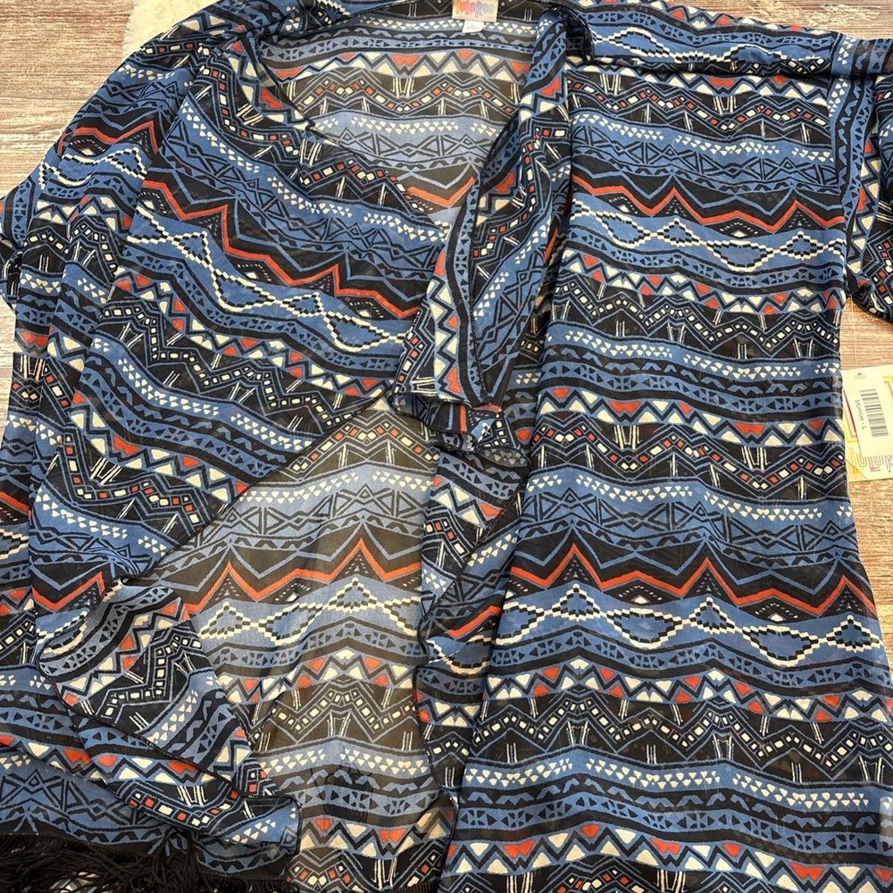 LuLaRoe Monroe Geometric Patterned cover up in Blue and Black size large NWT